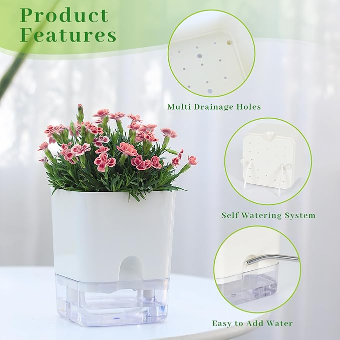 FAMZ Self Watering Planters 4 Pack，Self Watering Pots for Indoor Plants，Automatic Moisturizing，Transparent Square Flower Pot for Indoor and Outdoor Plants，Succulents，Violets，Ivy