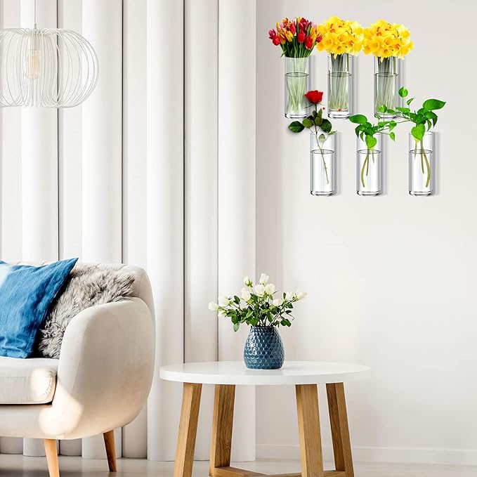 Baderke 6 Pcs Glass Wall Vase for Plants Indoor Hanging Propagation Planter Container Holder with Plastic Invisible Traceless Hangers Hydroponic Plant Succulent Garden Wedding Decor