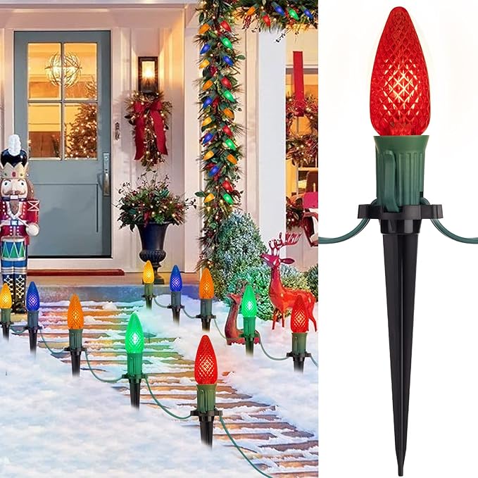 C9 Christmas Pathway Lights Outdoor, 25.7 Feet 20 LED C9 Strawberry Walkway Lights with Marker Stakes, Connectable Shatterproof C9 String Lights for Lane Outside Yard Decorations, Multicolored