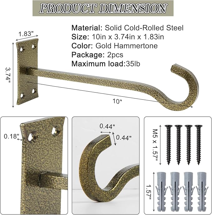 10 inch Heavy Duty Hanging Plant Bracket Decorative Wall Hook 2 Pack (Gold Hammertone)