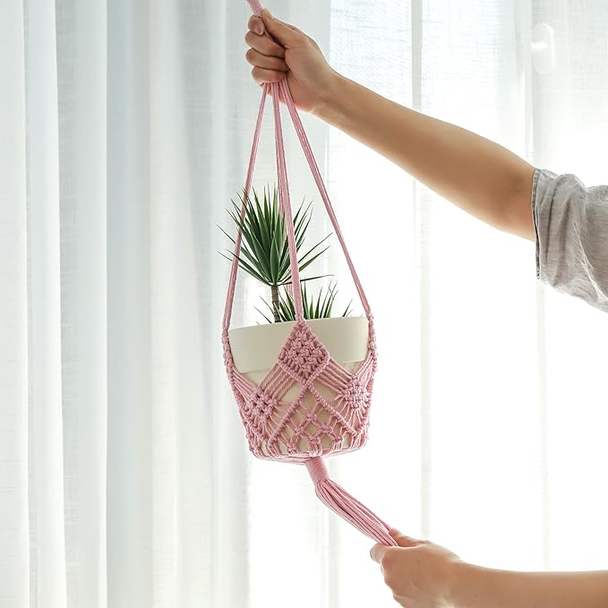 Hanging Planter with Patterns,2Packs Macrame Plant Hangers Indoor Macrame for up to 8 inch Pot Crochet Boho Plant Hanger Holder for Indoor Outdoor with 2S Shaped Stainless Steel Hooks (Pearl Pink)