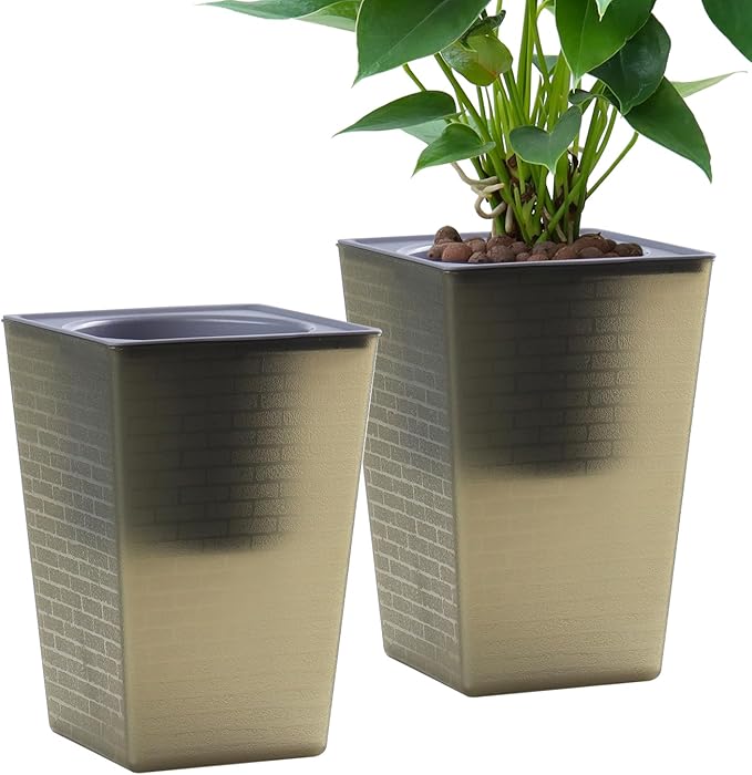 Self Watering Planter 2 Pieces 6 Inch, Plastic Flower Pots with Inner Pot Indoor Plants Brick Pattern Flowerpot for Indoor Plants, African Violets, Flowers, Herbs (Brown)
