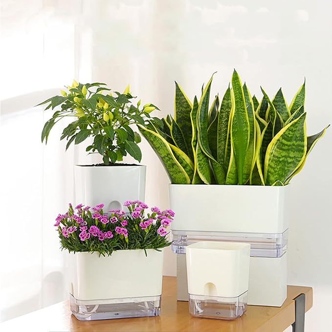 FAMZ Self Watering Planters 4 Pack，Self Watering Pots for Indoor Plants，Automatic Moisturizing，Transparent Square Flower Pot for Indoor and Outdoor Plants，Succulents，Violets，Ivy