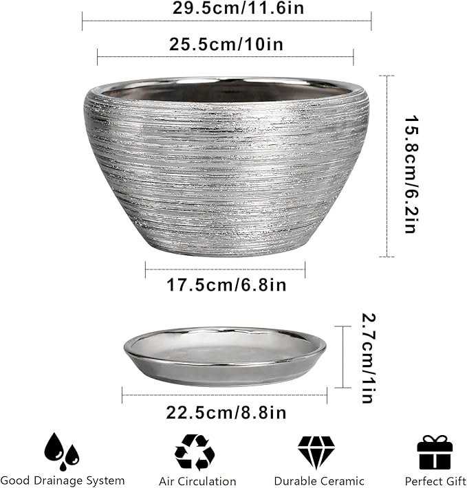 Flower Pot for Indoor Plants - Ceramic Planter 11 Inch Plant Pot with Drainage Hole and Saucer Large Decorative Planter Outdoor Mid-Century Planter for House Decor Silver
