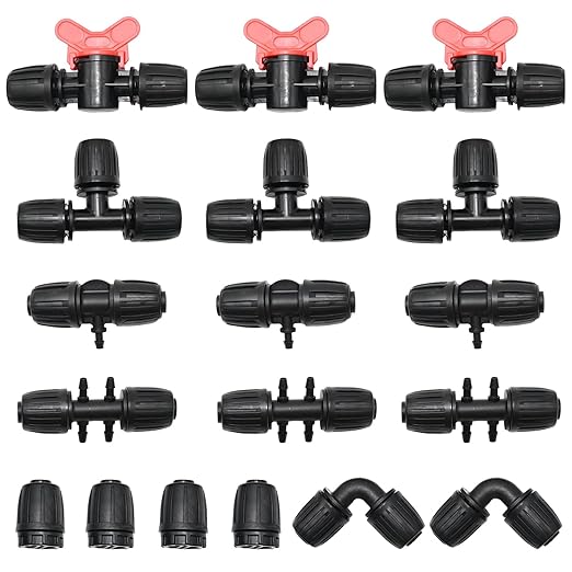18Pcs Drip Irrigation Fittings Kit, 2 Elbows, 4 End Caps, 3 Tees, 3 Switch Valves, 3 T Connectors, 3pcs 1/2" to 1/4" Reducers, Barbed Locked Nuts Connectors for Watering System
