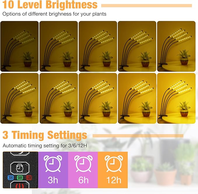 LED Grow Lights, 4 Heads Full Spectrum Plants Lights with Clamp for Indoor Plants & Seed Starting, 10-Level Dimmable, Auto On Off, Timing 4 9 12Hrs