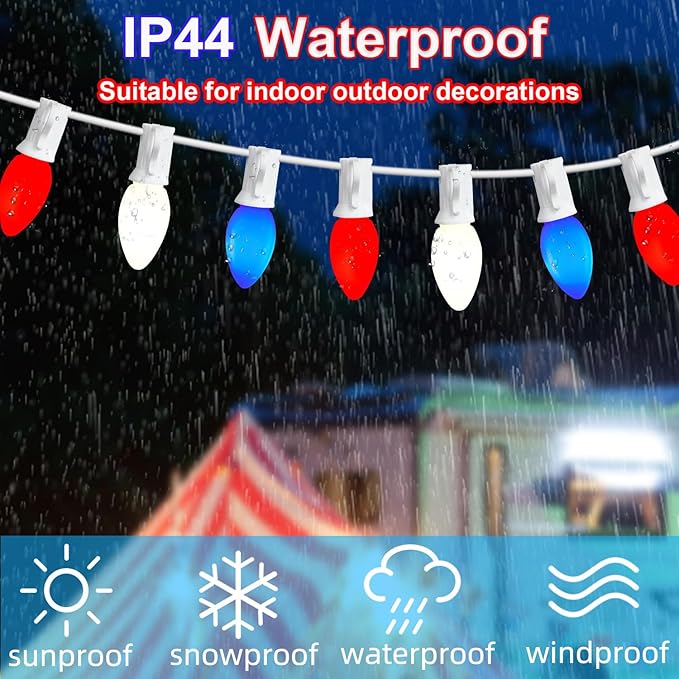 22.8 FT C7 LED 4th of July Decorations Lights with 20+3 Red White and Blue Lights Bulbs, Waterproof Outdoor String Light for Memorial Day Independence Day Patio Garden Bistro Patriotic Decor