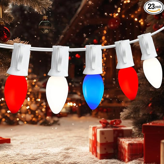 22.8 FT C7 LED 4th of July Decorations Lights with 20+3 Red White and Blue Lights Bulbs, Waterproof Outdoor String Light for Memorial Day Independence Day Patio Garden Bistro Patriotic Decor