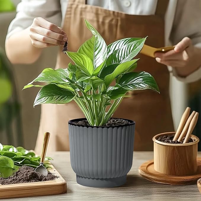 T4U 7 Inch Self Watering Pots for Indoor Plants, 4 Pack Gray Plastic Flower Pots for All House Plants, Flowers, African Violets