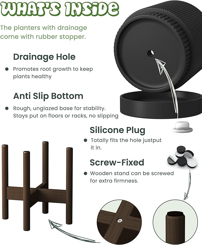 Ceramic Planter Pots Indoor with Drainage Hole & Saucer,Including Stand,7.3 Inch Mid-Century Modern Cylinder Plant Pot for Snake Flower Leaf