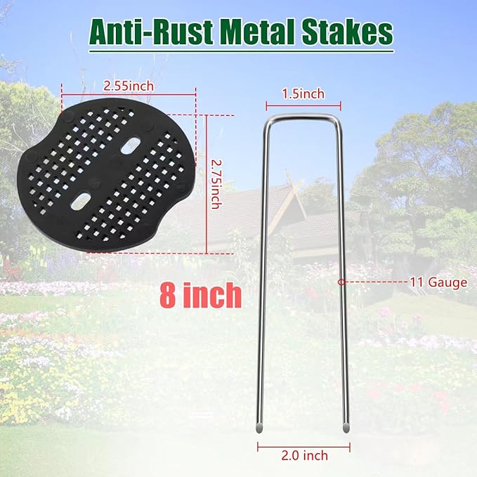 8 Inch 11 Gauge Galvanized Landscape Staples Stakes with Gaskets for Decoration, 25/50/100pcs Garden Metal Stakes for Weed Barrier Fabric, Fence Stakes, Tent Stakes(8in,100pcs)