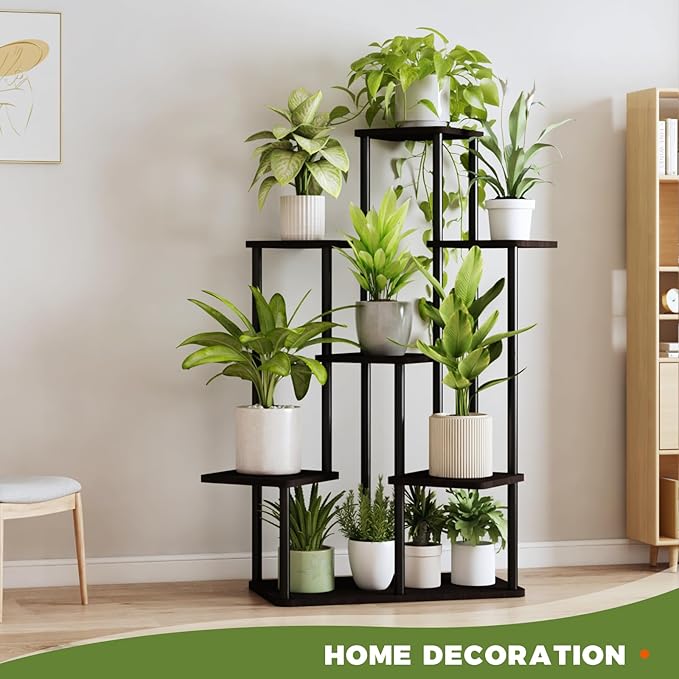7 Tiered Plant Stand Indoor Corner Plant Shelf for Multiple Plants for Patio Garden Balcony Living Room Bedroom, Tall Metal Flower Pots Stand Relaxing for Women Gift Black Oak