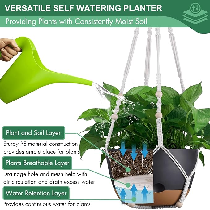 Set of 2-8 Inch Hanging Planters for Indoor Plants with Self-Watering Includes Hanging Pots for Plants, Outdoor Hanging Plant Pot with Drainage, and 2 Types of Hanging Baskets Hangers (Black)