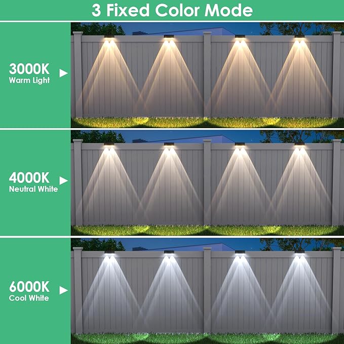 Derynome Solar Fence Outdoor Lights 8 Pack, 3 Color Modes IP45 Waterproof Solar Lights for Outside, Backyard, Railing, Step, Pool, Patio & Wall, Easy Install (3000K/4000K/6000K, 8 Pack)