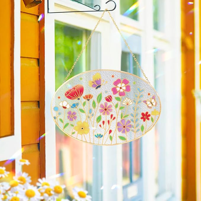 Tuitessine Wild Flower Stained Glass Suncatcher Colorful Flowers Window Wall Hanging Ornament Indoor Hand-Painted Glass Panel Spring Decor Mother’s Day Teacher Appreciation Gift 9.5" x 6.7"