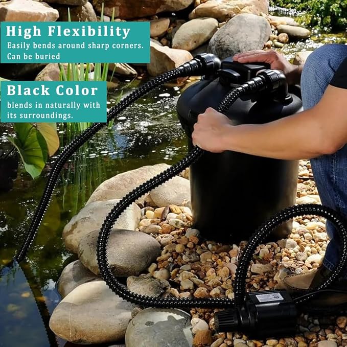 Pond Tubing ID 1” × 20ft Black Corrugated Flexible Reinforced Waterfall Pond Tube Sump Pump Hose, Non-toxic & Kinkproof (20 ft, 1" ID)