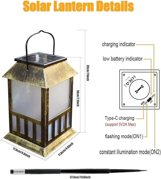 Solar Lanterns Outdoor Waterproof, 3D Star Light with Flashing Mode, Solar & USB C Charging, Metal Hanging Lantern for Wall Landscape Yard Patio Driveway Garden Decor, Warm Light 2 Pack