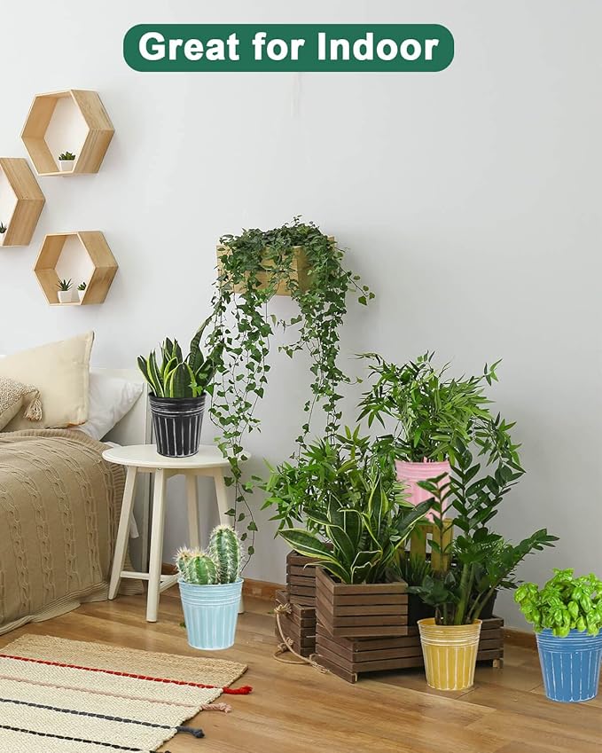 vensovo 6 Inch Cyan Blue Metal Rustic Flower Pots - 6Pcs Galvanized Planters with Drainage Hole and Rubber Plug, Rustproof Metal Bucket Plant Pots Farmhouse Vintage Style for Decor