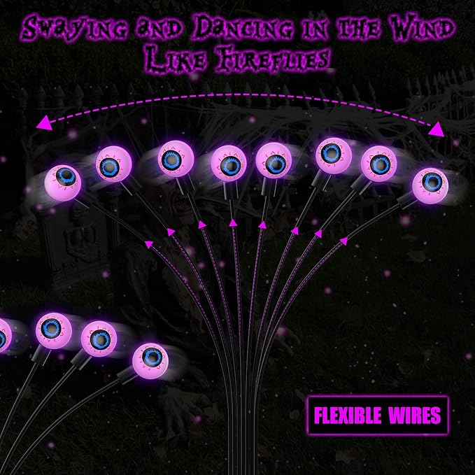 Halloween Decorations Outdoor Solar Scary Eyeball Lights, 2-Pack 16 LED Halloween Decor Solar Garden Lights, Waterproof Halloween Yard Decorations Swaying Halloween Pathway lights for Patio Lawn Party