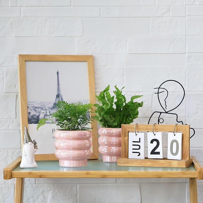 4.1 inch 4 pcs Ceramic Plant Pots for Indoor Plants, Rainbow Pearl Glaze Planter with Planters for Plants with Drainage Hole, Orchid Pots, Succulent Pot, Small Flower Pot (Pink)