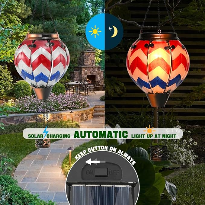 U.S Flag Hot Air Balloon Solar Lantern - Simulated Flickering Flame Stained Glass Light for Outdoor, Yard Hanging/ Waterproof IP65, Ideal 4th of July Gift for Patriot Veterans Patio Decor