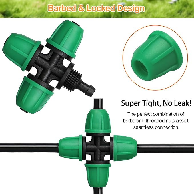 1/4 Inch Drip Irrigation Fittings, Lock Barbed 4 Way Couplings for ¼ in. Tubing, 25 Pieces Drip Irrigation Parts Locked Cross Connectors, Drip Line Nuts Connectors for 1/4" Drip Irrigation Hose