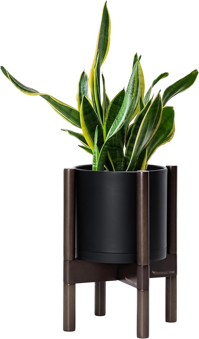 D'vine Dev Planter Pot with Stand - 8 Inch Plastic Cylinder Flower Pot with Wood Planter Holder for Indoor, Matte Black Pot + Walnut Color Stand, 55-C-I-2