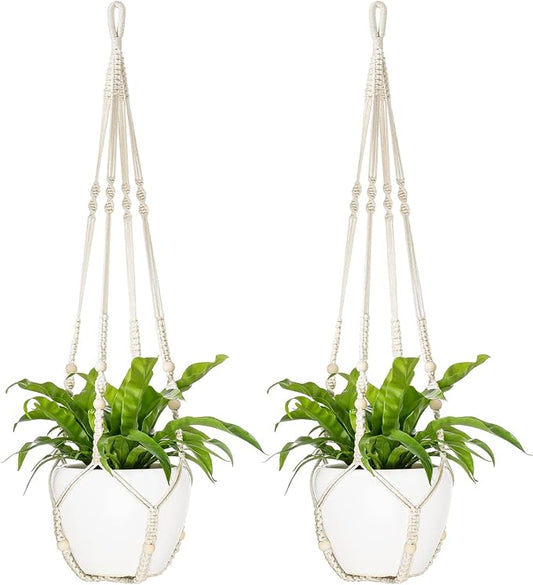 Mkono 43 Inch Macrame Plant Hanger Large for up to 12 Inch Pot Extra Long Hanging Plant Holder No Tassels Hanging Planter Basket with Wood Beads for Indoor Outdoor Boho Home Decor, Ivory, Set of 2