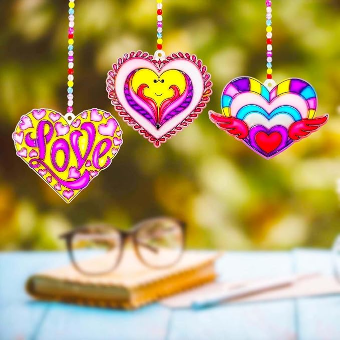 AUEKIV 30 Sets Valentine's Heart Suncatchers Craft DIY Kit Window Paint Art Suncatchers Valentine's Day Heart Sun Catcher Art Crafts Supplies for Valentine Gift Exchange Classroom Activities