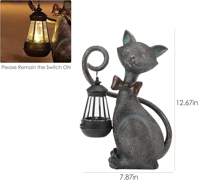 Whimsical Solar Cat Statue Decor with Solar Lantern - Unique Outdoor Spring Garden Decor for Patio, Balcony and Yard Art Lights - Ideal Mothers Day Birthday Gifts for Mom,Grandma,Women and Cat Lovers