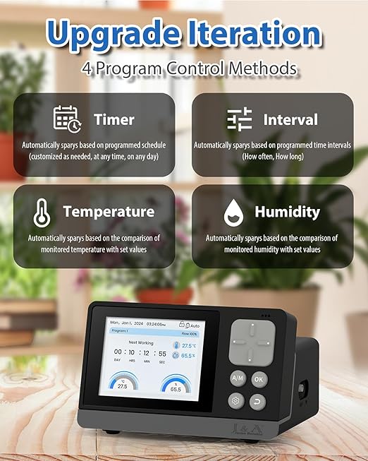J&A Automatic Watering System for Potted Plants Drip Irrigation Kit Self-Watering System with Timer, Thermometer, Hygrometer for Indoor Plants, Grow Tent (Black)