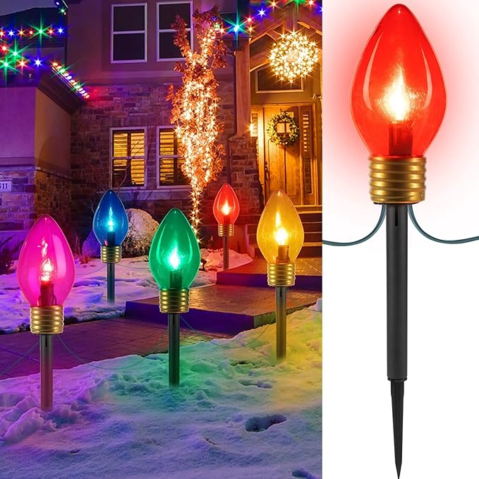 Minetom Jumbo Christmas Pathway Lights Outdoor with Marker Stakes, 10.5 Ft 5 LED C9 Shaped Christmas Lights Multicolored Giant Bulb String Lights, for Holiday Walkway Driveway Garden Yard Decoration