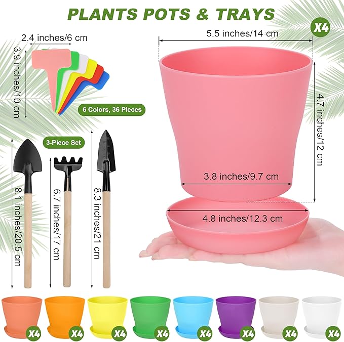 36 Pack 5.5 Inch Plastic Plant Pots with Saucers Colorful Flower Plant Container Seed Starting Pots Thickened Seedlings Nursery Pots for Home Garden Indoor Outdoor Flowers, 9 Colors