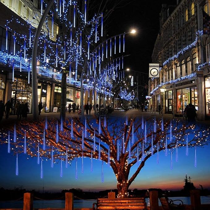 LED Meteor Shower Solar Lights Outdoor, Waterproof Garden Lights 30cm 10 Tubes 360LEDs Falling Lights Raindrop Lights,Holiday Party Wedding Christmas Tree Decoration String Lights (Blue)