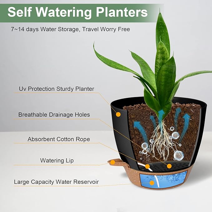 Planters for Indoor Plants 3 Pack, 10/9/8 Inch Self Watering Flower Pots with Drainage Hole, Plastic Large Plant Pots (Black)