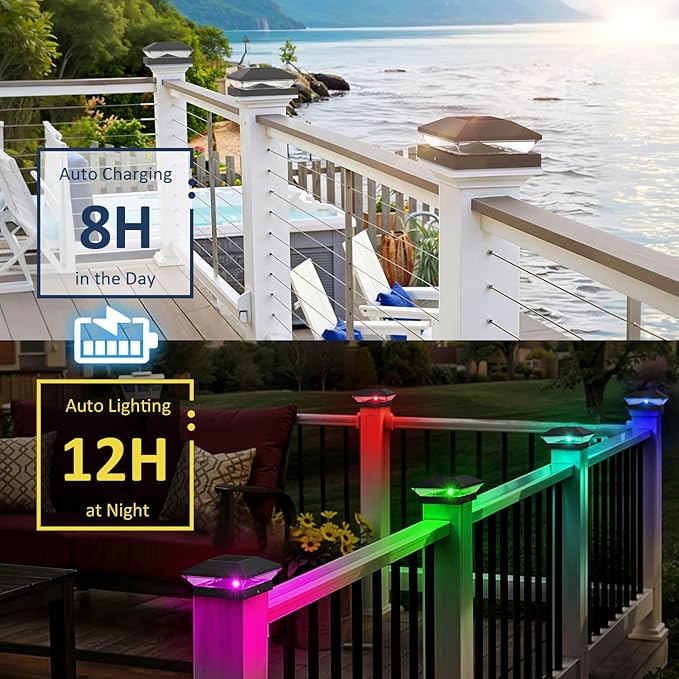 T-SUN Solar Post Cap Lights with Auto-Change Colors- for Wooden (4x4/6x6) & Vinyl (4x4/5x5) Posts | Weatherproof Outdoor Solar Fence Post Lights for Deck, Porch, Garden & Stairs(6-Pack,RGB)