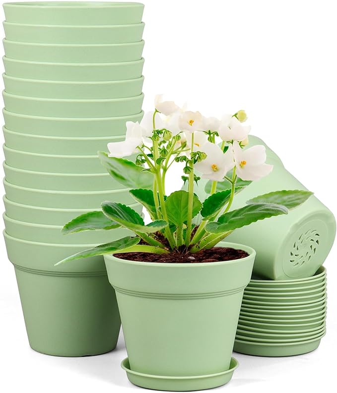 4 inch Small Plastic Nursery Pots, Seedling Pots, 16 Pack Plant Pots for Indoor Outdoor Plants, Flower Pots with Drainage Holes and Saucers, Decorative Planters for House Plants, Green