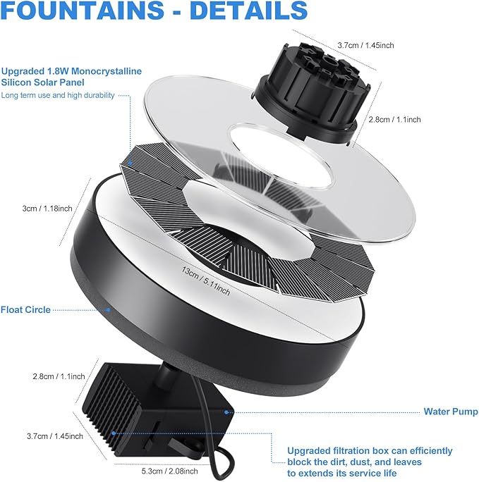 Solar Fountain Pump, Upgrade 1.8W Solar Fountain for Bird Bath with 6 Spray Patterns, Floating Solar Powered Water Fountain Pump for Bird Bath, Garden, Pond, Pool, Outdoor