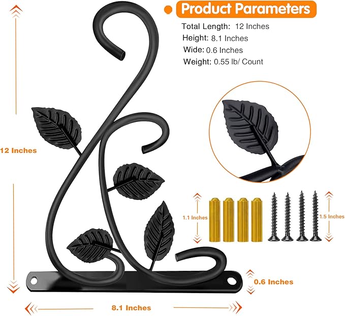 KABB 2 PCS Metal Hanging Hook Plants Brackets, 12 Inch Iron Wall Mount Bracket Durable Rust-Resistant Plant Hanger Hook for Hanging Plants Bird Feeder Wind Chimes Lantern