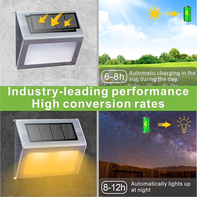 XLUX Solar Lights for Steps Decks Pathway Yard Stairs Fences, LED lamp, Outdoor Waterproof, Warm Light, 6 Pack