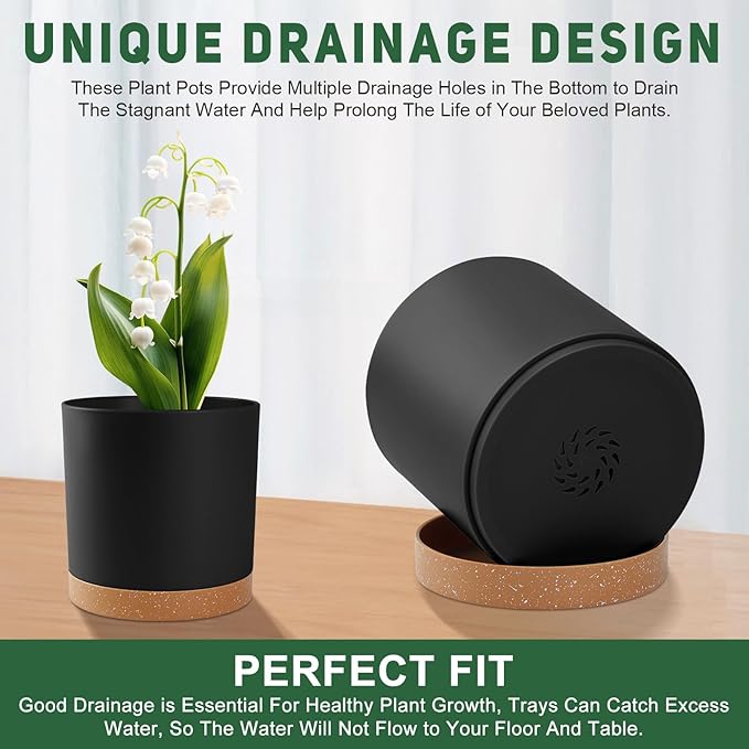 Plant Pots – 7/6.5/6/5/4 Inch Plastic Planters with Drainage Holes and Saucers, Flower Pots for Indoor and Outdoor Plants (Black)