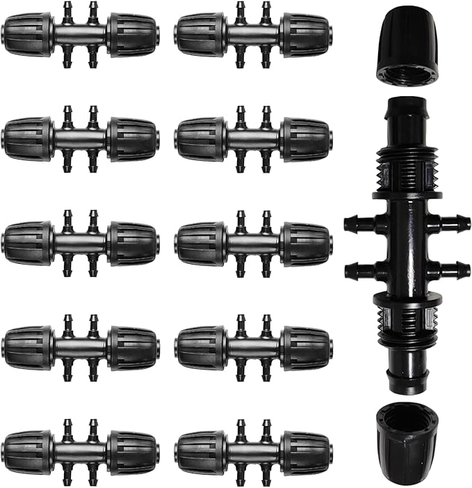 10PCS Barbed Tee 1/2 inch to 1/4 inch Irrigation Tube Anti-Drop Drip Irrigation Parts (13mm ID/4mm ID),Drip Irrigation System Fits 16 mm Drip Tape Tubing,4mm ID 7mm OD Hose Connector, 6-Way Adapte