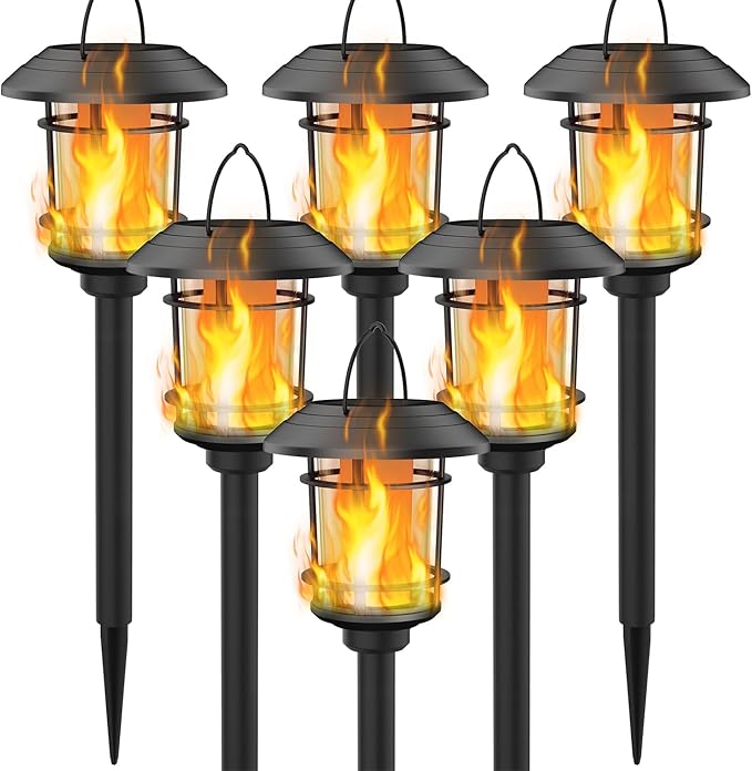 Dynaming 6 Pack Solar Flame Torch Lights Outdoor, Dual Use Flickering Flame Garden Light, Hanging Lantern Lights, Auto On/Off & Waterproof Landscape Lighting for Lawn Patio Yard Walkway Driveway