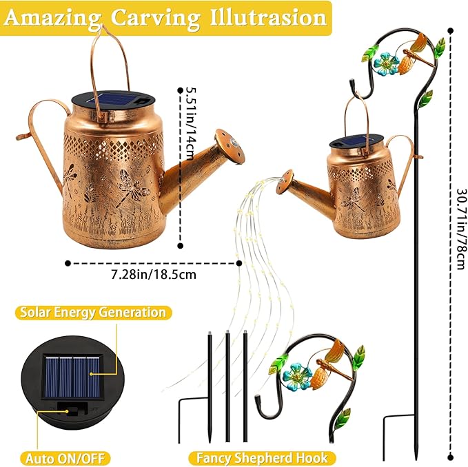 Solar Lights Outdoor Garden Decor, Dragonfly Hanging Watering Can Landscape Lights Waterproof Yard Decorations for Outside Porch Patio Backyard, Gardening Gift for Mom Grandma Women Birthday