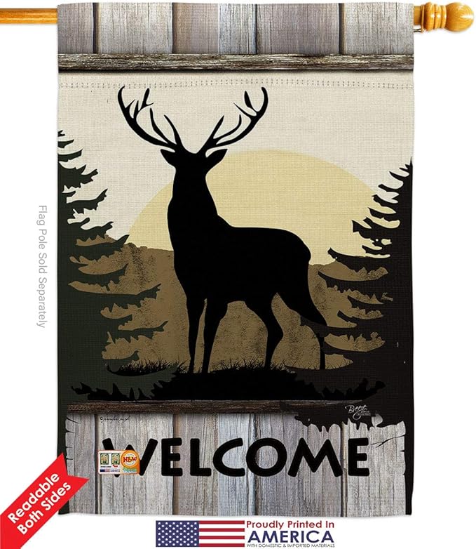 Welcome Deer Garden House Flags Set Animals Wildlife Outdoor Bear Wolf Pet Nature Farm Animal Creature Small Decorative Gift Yard Banner Double-Sided Made In USA 28 X 40