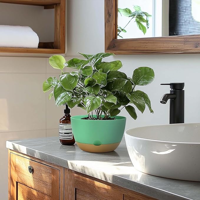 10 Inch Pots for Indoor Plants, Large Self Watering Planters with Drainage and Saucers, Plastic Outdoor Flower Pot, Set of 2, Green