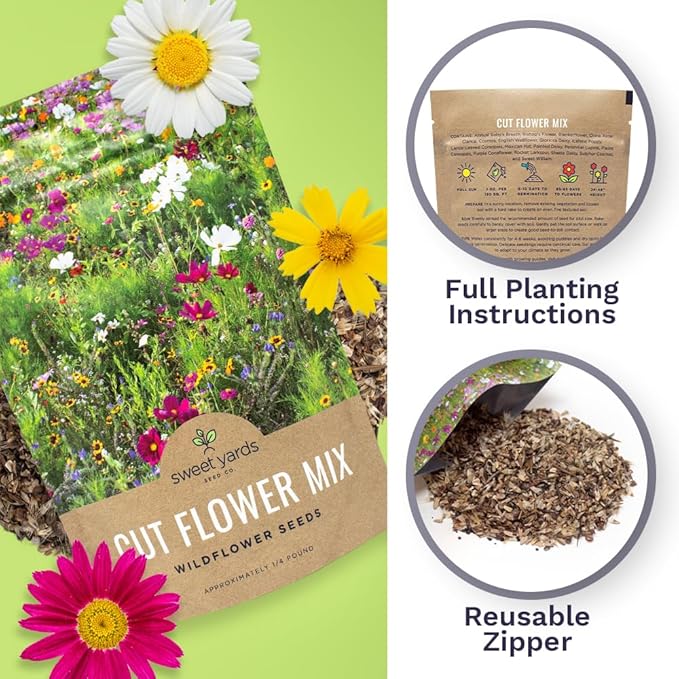Cut Flower Garden Seeds - Bulk 1/4 Pound Bag - Over 30,000 Fresh Open Pollinated Non-GMO Wildflower Seeds - Long Lasting Annuals and Perennials with Bright Colors