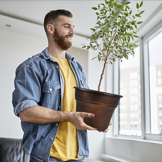 Plant Planters Pots Set of 4 Pack 9 Inch, Plastic Flower Pot for Indoor Plants with Drainage Holes & Trays, Resin Decorative Container Sets with Saucer for House Outdoor Garden Planters Copper