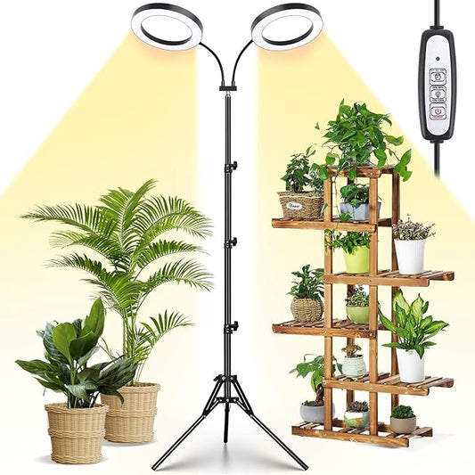 LORDEM Grow Light for Indoor Plants, Dual-Head Plant Light for Plants Growing, Full Spectrum Growth Lamp with Auto Timer for 4/8/12H, 4 Dimmable Levels, 144 LEDs, Height Adjustable Stand 24.4"- 67"