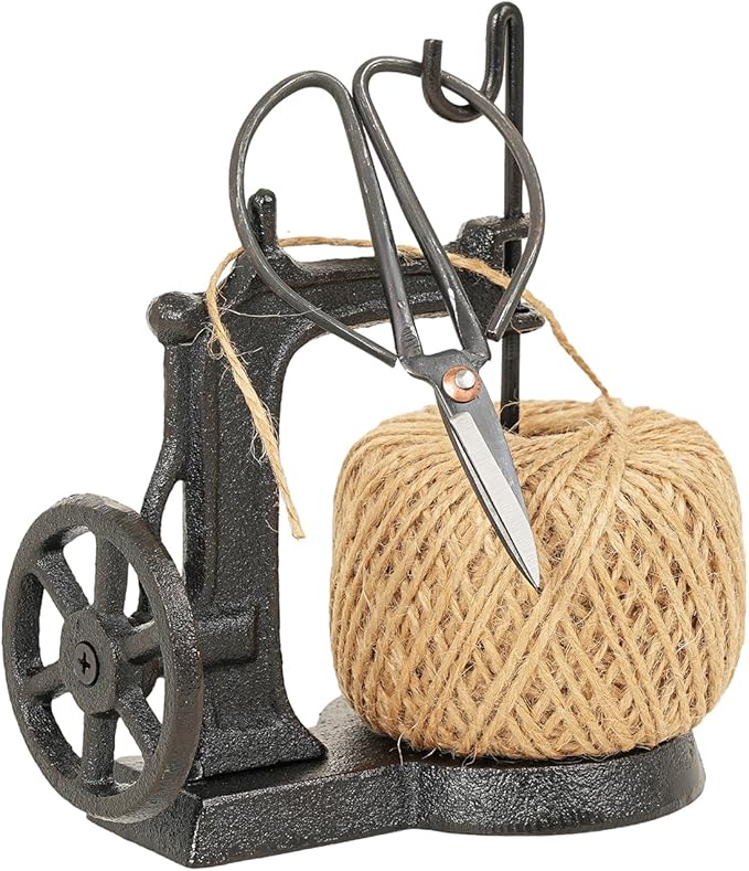 Sungmor Cast Iron Twine Holder and Scissors Set, Vintage Jute Twine Garden String Holder, Decorative Twine Dispenser with Cutter for Crafting, Gardening, Gift Wrapping, Sewing Machine Shape